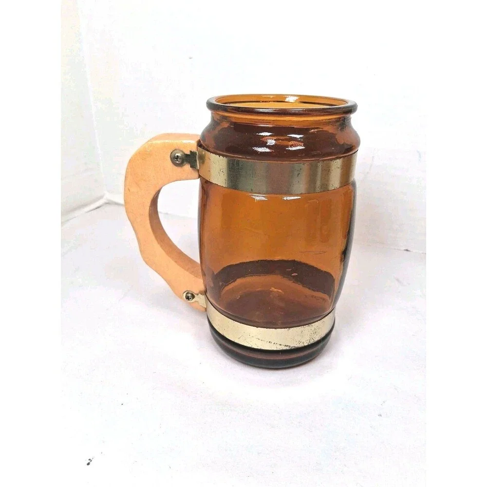 Vintage Amber Glass Beer Mugs Wood Handle Set Of 4 Saloon Mancave